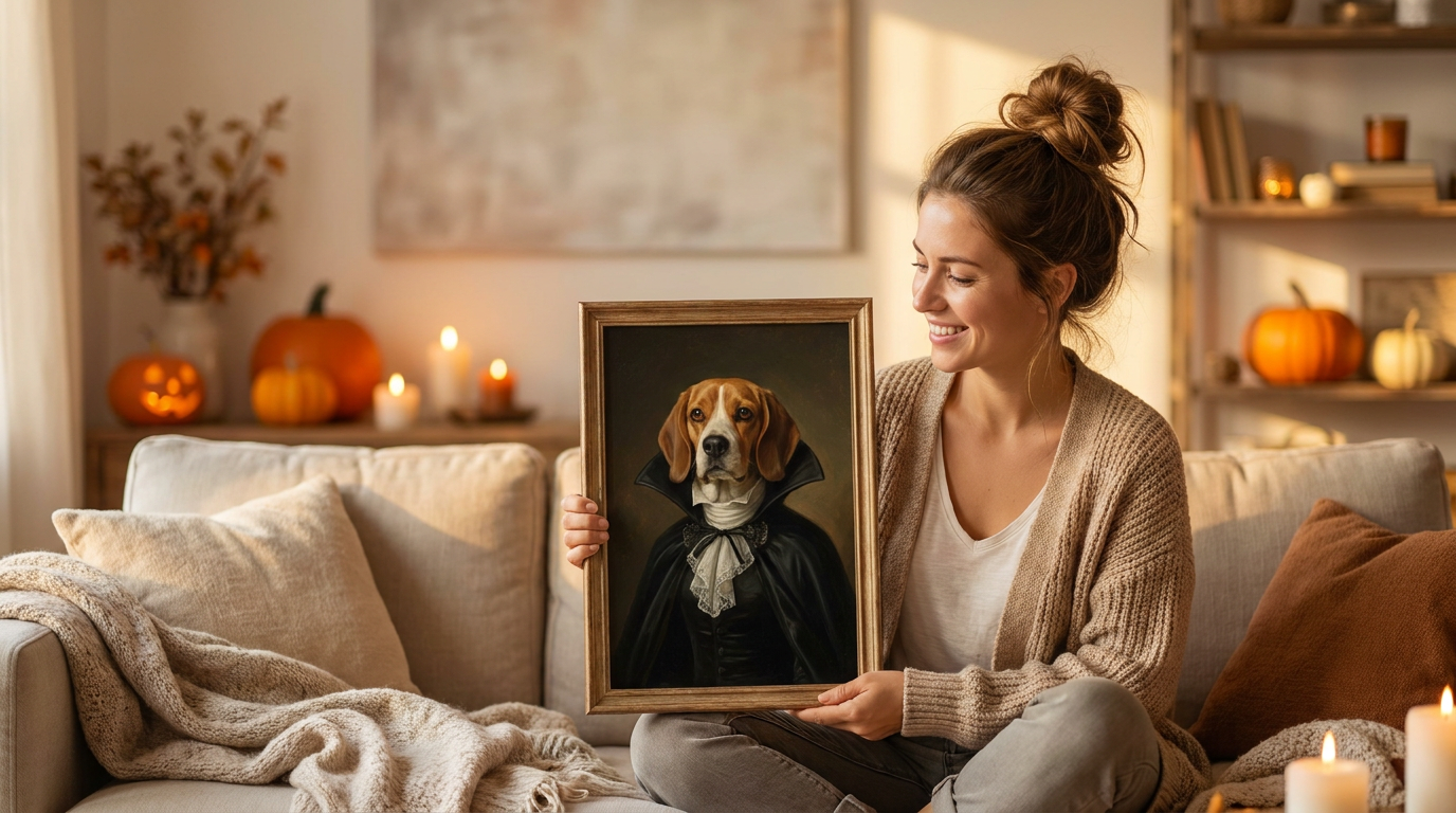 A woman smiling at a framed portrait of her beagle painted as a Victorian vampire