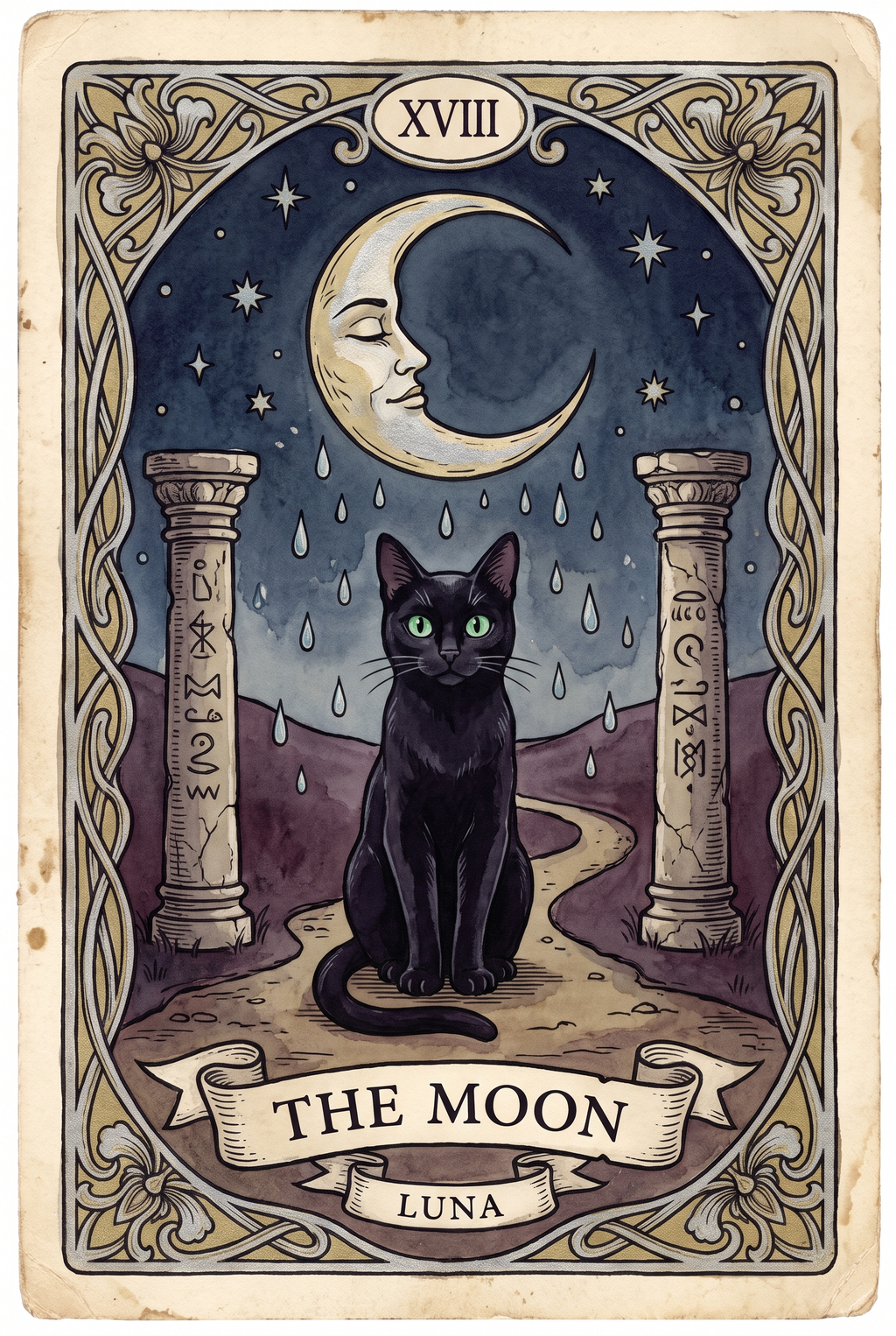 A black cat drawn as The Moon tarot card, with the name Luna on the banner