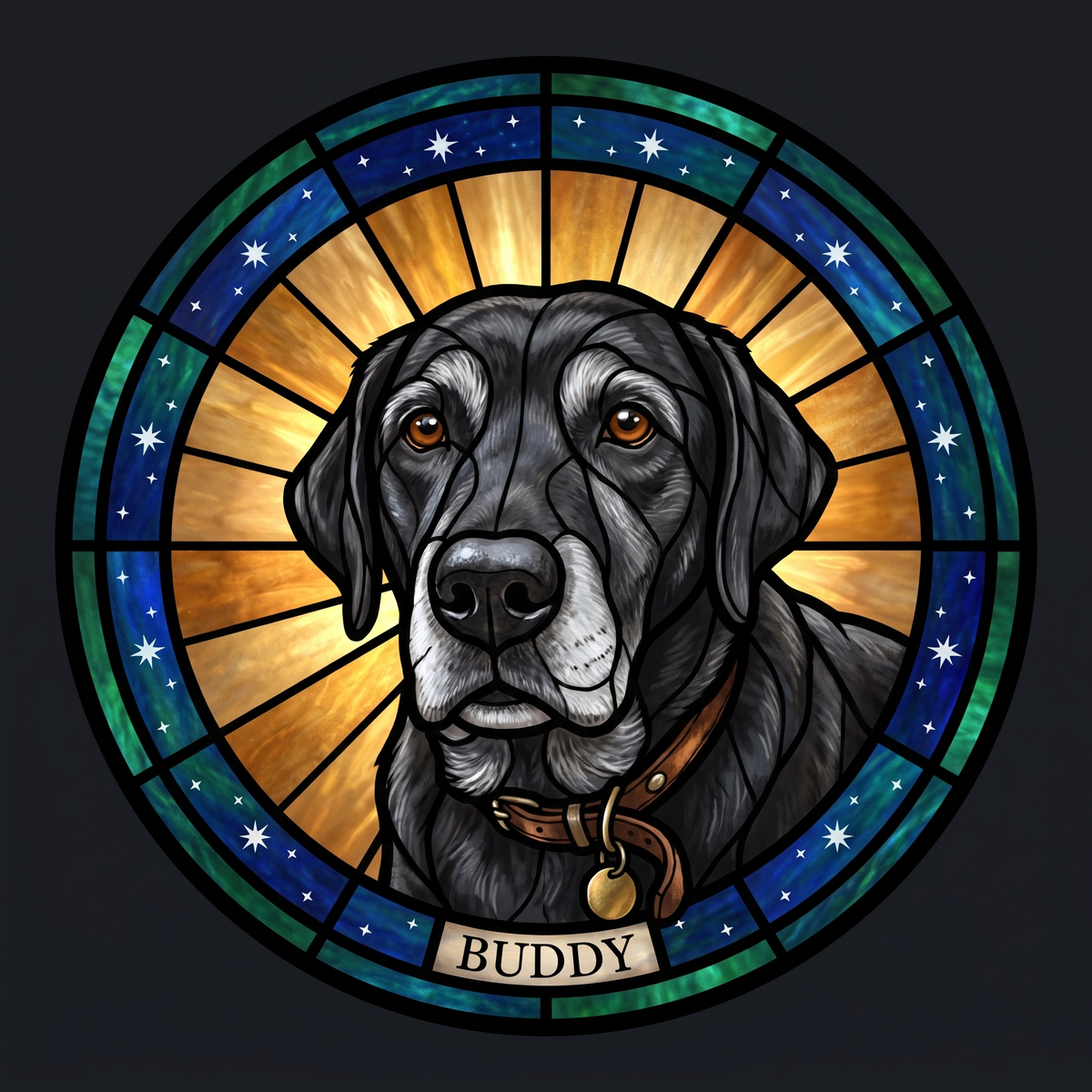 Stained glass style portrait of an old black Labrador with the name Buddy