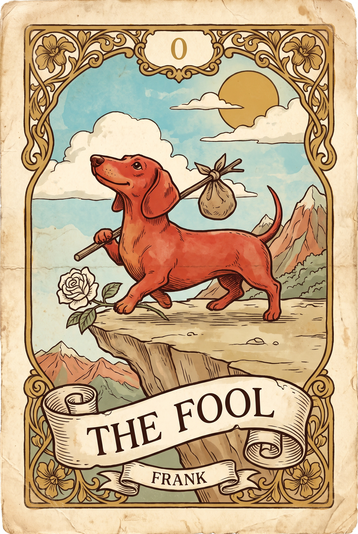 A dachshund drawn as The Fool tarot card, with the name Frank on the banner