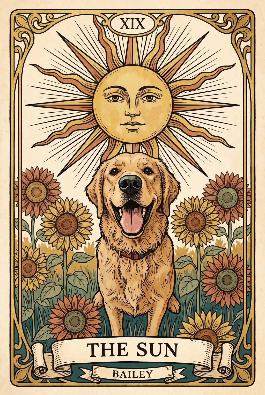 A golden retriever drawn as The Sun tarot card, with the name Bailey on the banner