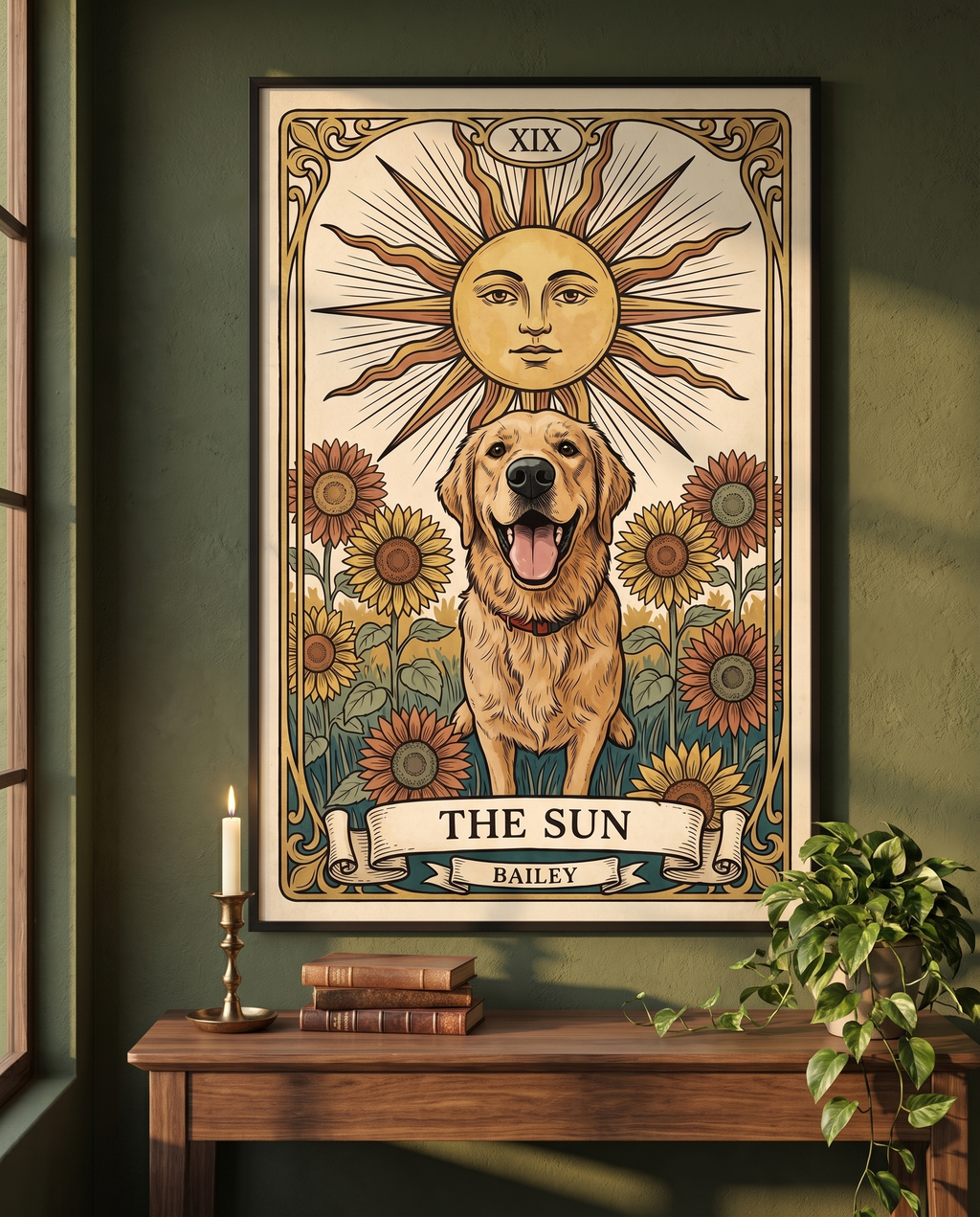 The Sun tarot card poster of a golden retriever framed on a green wall