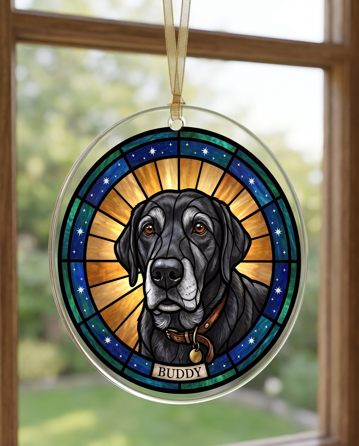 A round acrylic ornament with a stained glass style portrait of an old black Labrador, hanging in a window